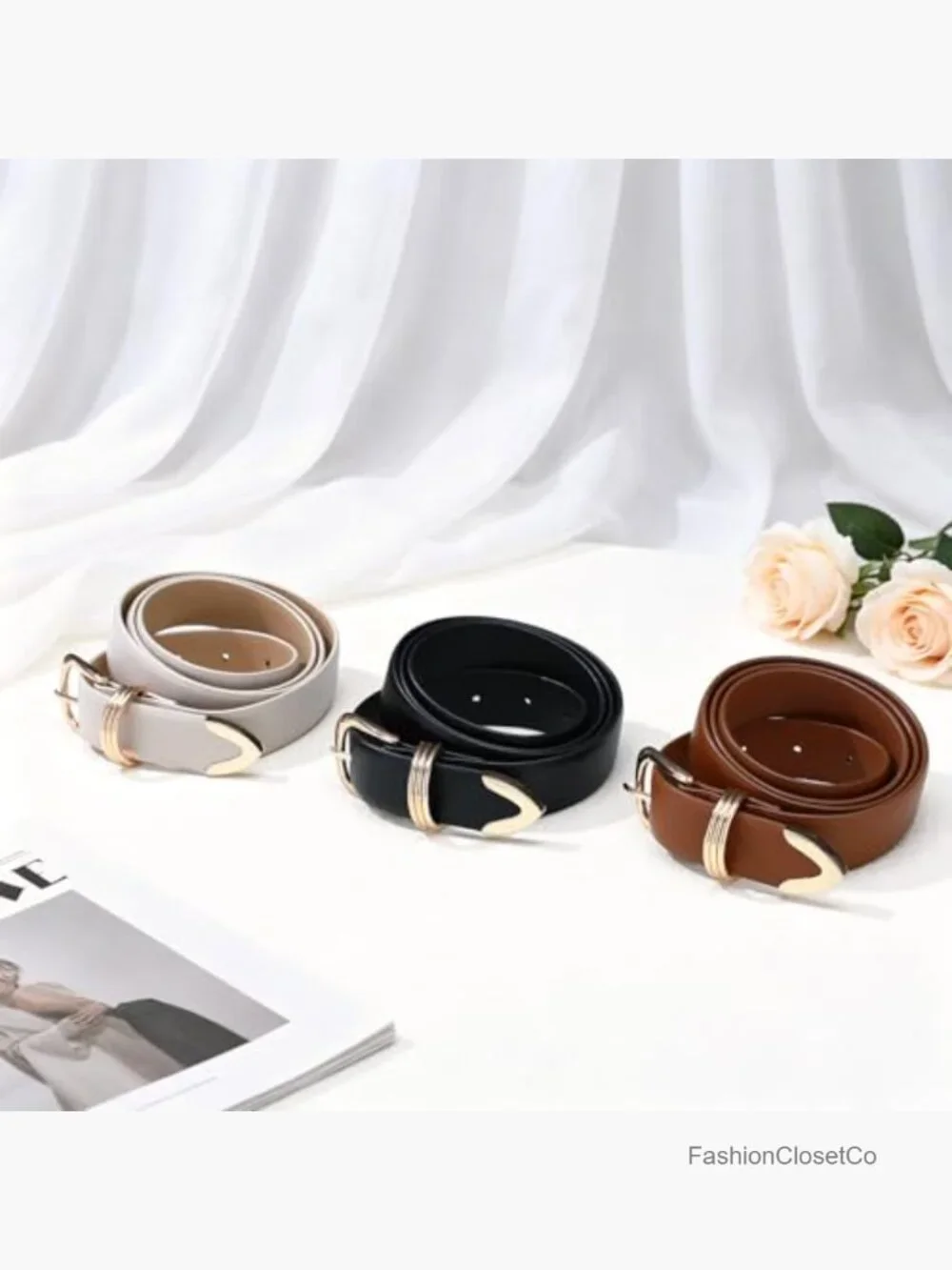 3 Faux Leather Belts with Gold Buckle Fashion Waist Belt